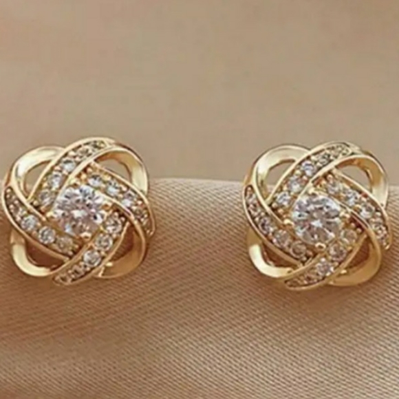 NEW Sparkling Gold Knotted Stud Earrings with Rhinestones - Picture 2 of 4